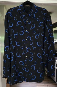 VTG Bernini Beverly Hills Black Blue Circle Print Shirt Bassiri Uomo Microfiber - Picture 1 of 5
