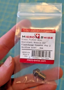Micro Swiss .4mm Brass Plated Wear Resistant Nozzle for Flashforge Creator Pro 2 - Afbeelding 1 van 4