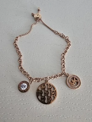 MK Michael Kors 3 Charm Bracelet Stainless Steel Rose Gold Adjustable Slide NEW  - Image 1 of 4