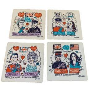 4 Coaster Set British Royal Windsor Family Julia Gash Queen Prince Duke Duchess - Imagen 1 de 4