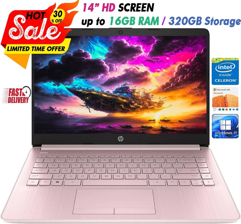 HP Newest Laptop 14"HD Intel 4-Core Up to 16GB RAM & 320GB Storage Win11 Pink - Image 1 of 4