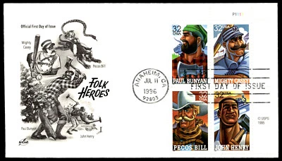 1996 Mighty Casey FDC Folk Heroes-Paul Bunyan John Henry ArtCraft Cachet-Variety - Image 1 of 2