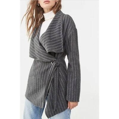 FOREVER 21 Woven Pinstripe Wrap Trench Jacket Pea Coat Size S Grey Belted - Image 1 of 4