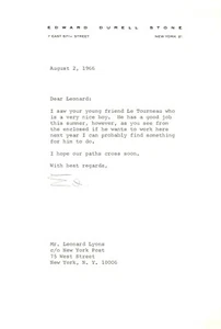 EDWARD DURELL STONE Arquitecto de Famoso Carta Escrita Firmada, 1966 - Imagen 1 de 2