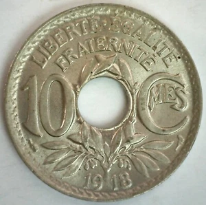 1918 France Copper Nickel 10 Centimes Coin Uncirculated Liberty Cap Center Hole - Picture 1 of 2