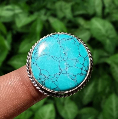 Anillo de piedras preciosas turquesa aspecto étnico enchapado en plata de ley 925 joyería EE. UU. TALLA 9,5 Foto 1 de 4