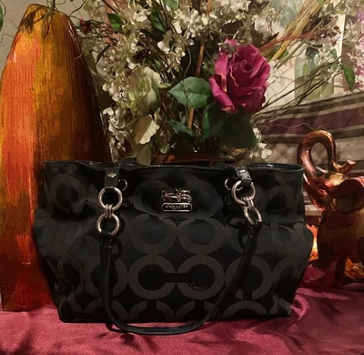 Coach Mia Op Art Lurex Black Canvas Tote Shoulder Bag - Image 1 of 4