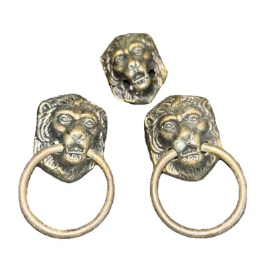 Juego de 2 tiradores de anillo de latón antiguo con cabeza de león de latón vintage, 4,25" L x 3" W Foto 1 de 3