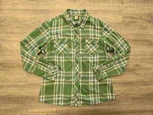 Duluth Trading Flannel Shirt Womens Large Blue Green Plaid Chest Pockets Roll Up - Picture 1 of 14