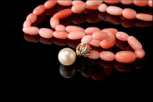 VINTAGE ANGEL SKIN PINK CORAL PEARL DIAMOND 14K GOLD NECKLACE BR - Picture 1 of 7