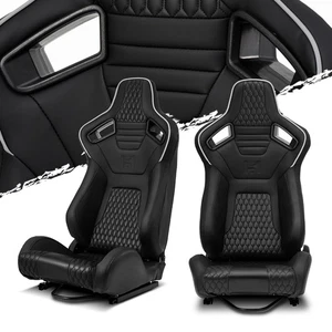Paire de sièges de course inclinables en cuir blanc + noir PVC fibre de carbone avec soudeurs - Photo 1/9