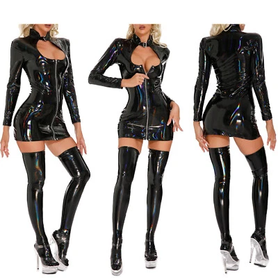 Women Sexy Bunny Lady Costume Long Slee Mini Dress with Stockings Clubwear - Image 1 of 4