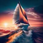 Yacht, die bei Sonnenuntergang durch farbenfrohe Ozeanwellen segelt, mit [...]