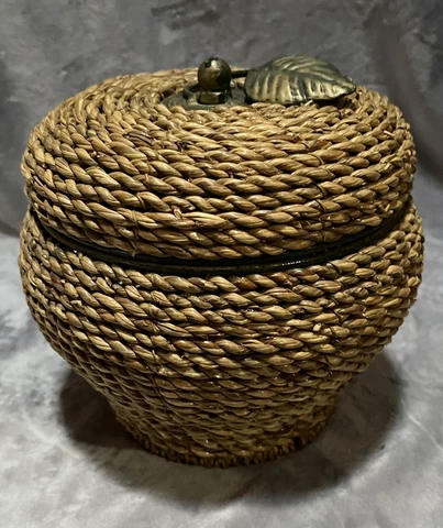 Acorn Basket Covered Wicker Weave Metal Frame Metal Leaf and Stem 7"T x 8"W Cover
