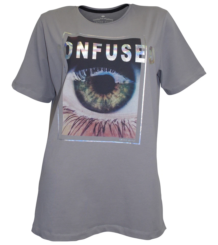 Damen T-Shirt Confused Print kurzarm Tunika Shirt Top grau Cross Jeans 765999 - Bild 1 von 1