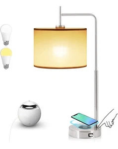 Touch Control Table Lamp W/ USB Ports Dimmable Wireless Charge Includes 2 Bulbs - Picture 1 of 7