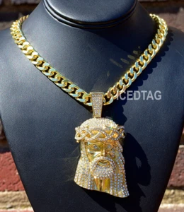 HIP HOP ICED JUMBO GOLD PT LAB SIMULATED JESUS HEAD PENDANT & 24" CUBAN CHAIN - Picture 1 of 6