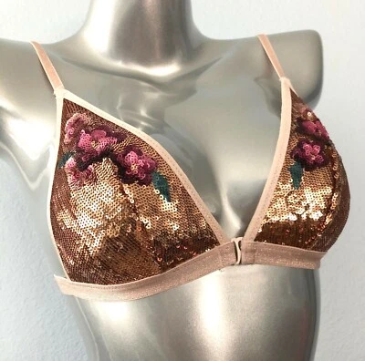 Sujetador Bralette Victoria's Secret Nuevo con Etiquetas Bling Lentejuelas Dorado Rosa Floral Cierre Frontal XS Foto 1 de 3