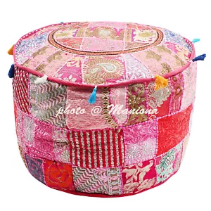 Indian Patchwork Pouf Ottoman Round Vintage Ottoman Cover Pouf Footstool Ethnic - Picture 1 of 5