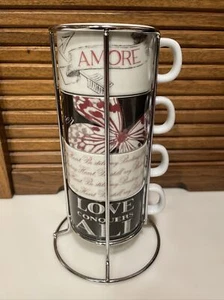 Pier 1 Imports "INSPIRATIONAL LOVE" Set Of 4 Stackable Mugs In Silver Tone Rack - Picture 1 of 21