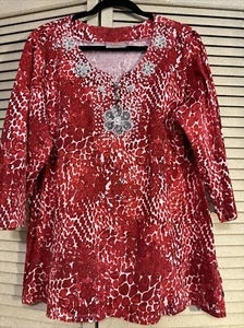 Quacker Factory Pearls Sequin Embellished Cotton Red Top - Picture 1 of 10