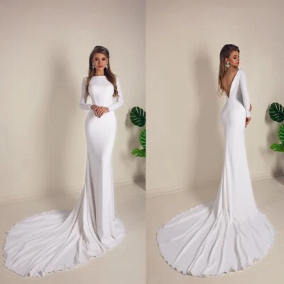 Beach Wedding Dresses Bridal Gowns Column Sheath Mermaid Long Sleeves Backless - Image 1 of 4