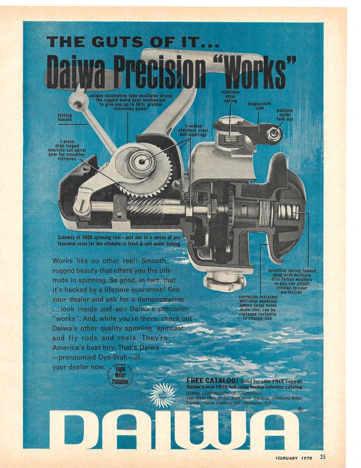Anuncio impreso de carrete giratorio Daiwa 1970 "THE GUTS OF IT" pesca, modelo 8600 DE COLECCIÓN Foto 1 de 1