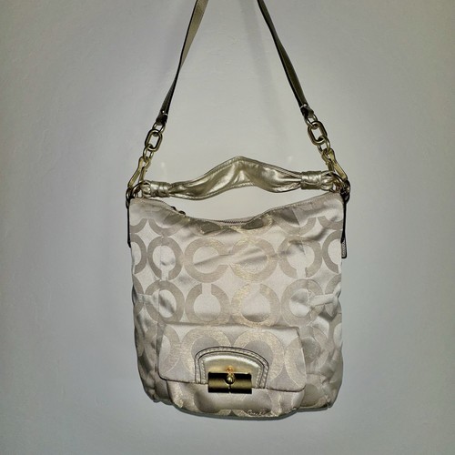 Borsa Coach Jacquard Oro Metallizzato Media Tracolla Chiusura Zip Tasche Interne Pulita