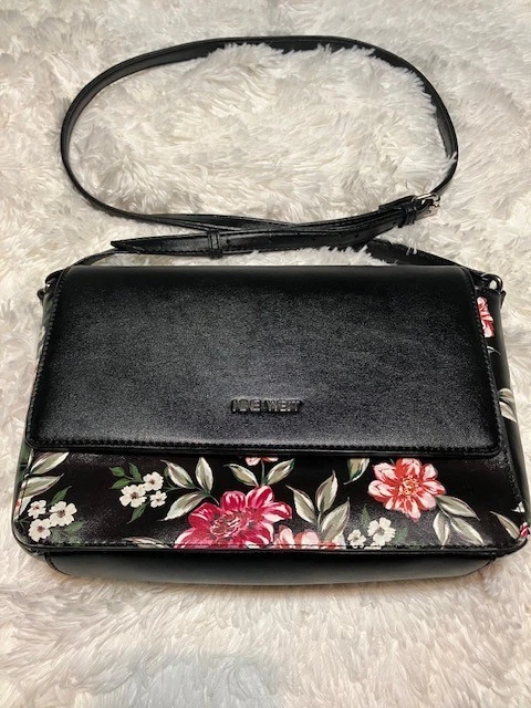 Nine West Women's Bowie Mini Flap Crossbody Bag - Navy Floral Logo, Small Shoulder Purse