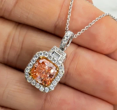 3.60Ct Cushion Lab Grown Fancy Morganite Wedding Nacklace Pendant 14k Gold - Image 1 of 4