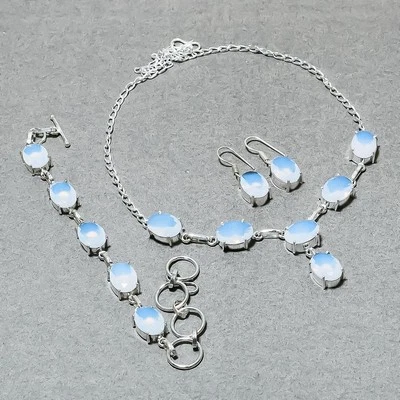 Faceted White Milky Opal Oval Shape Gemstone Gift Solitaire Necklace Jewelry Set - Image 1 of 4