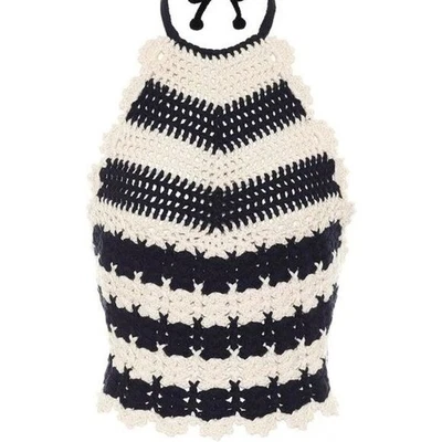 MSRP $1400 Gucci Blue Striped Wool Crochet Halterneck Top GG Logo Size Medium - Изображение 1 из 4