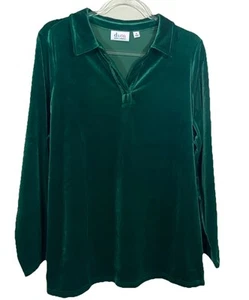 Denim & Co Size 1X Green Velour Long Sleeve Stretch Pullover Tunic Top NEW - Picture 1 of 6