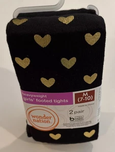 Wonder Nation Footed Tights Black Gold Hearts/Black 2 Pair Girls M 7-10 NWT NEW - Picture 1 of 9
