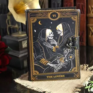 Book of Spells Lovers Tarot Leather Journal, Deckle Edge Paper, Grimoire, Gothic - Picture 1 of 6