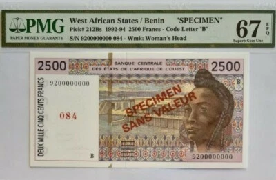 1992 -94 West African States/BENIN 2500 Francs "SPECIMEN"PMG67 EPQ GEM【P-212Bs】 - Image 1 of 2