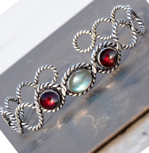 VALENTINO Bracciale Bracciale Pietra Preziosa Ovale Labradorite Granato Rosso Argento Sterling 925 Nuova Arte