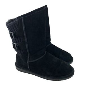 Bearpaw Women's Suede Mid Calf Boots 9.5 Black Wool Blend Shoes 1669W Boshie