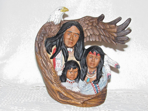 Handpainted Ceramic Native American Figurine Of Native Family 7.5" x 7.25" x 3"w