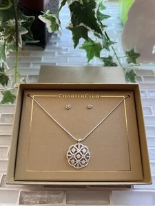 Filagree Pendant Necklace Silver Tone W/ Earrings, 26” Chain by Charter Club NWT - Picture 1 of 4