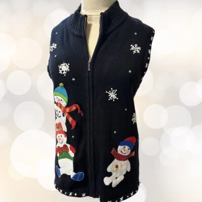 Vintage Christmas Sweater Vest Women L Hand Embroidered Snowmen Snowflakes Retro - Image 1 of 4