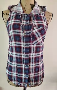 Woman Junior New Look Sleeveless Hooded Checkers Light Sport Top Size M (S) - Picture 1 of 9
