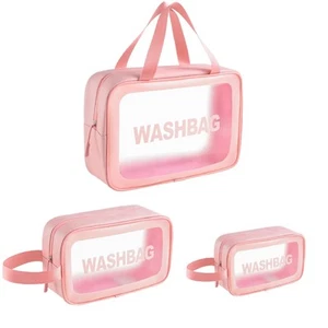 3-Piece Pink Clear Travel Toiletries Washbag Set Waterproof PVC Cosmetic Bags - Picture 1 of 9