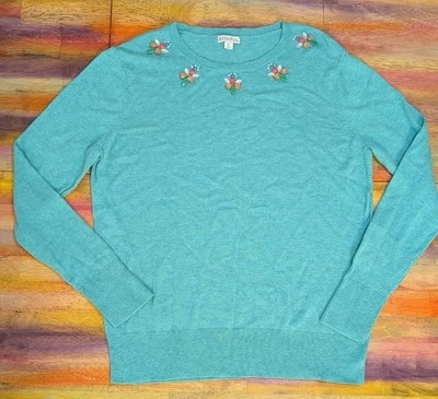 ⭐Merona Mujer Suéter Manga Larga Pullover CUENTAS Joya Escote Mezcla Algodón XL Foto 1 de 4