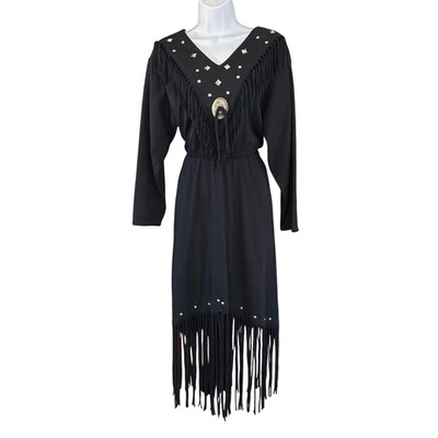 Sas'sa USA Western Fringe Concho Studded Black Dress 80s 90s Rodeo Country Small - Image 1 of 4