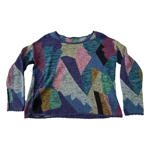 Peruvian Connection Terrazzo Pullover Small Blue Patchwork Pima Cotton Sweater - Picture 1 of 16