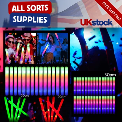 Paquete de 15/30 varillas de brillo LED a granel de espuma RGB para iluminar suministros de fiesta para eventos Reino Unido Foto 1 de 4