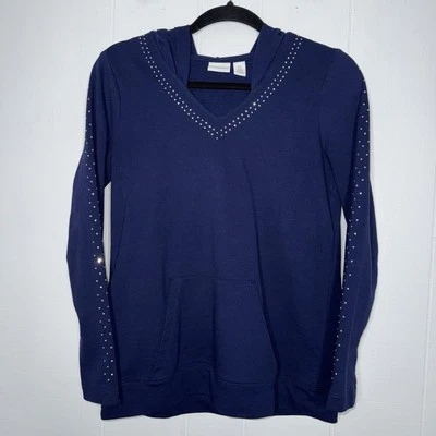 Chico’s Weekends Women’s Rhinestone Embellished Hoodie Navy Blue Size 0 Small - Image 1 of 4