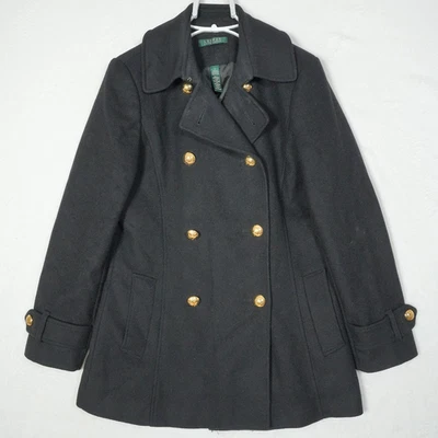 Chaqueta chaquetón Lauren Ralph Lauren para mujer talla 4 negra lana cachemir botón dorado Foto 1 de 4
