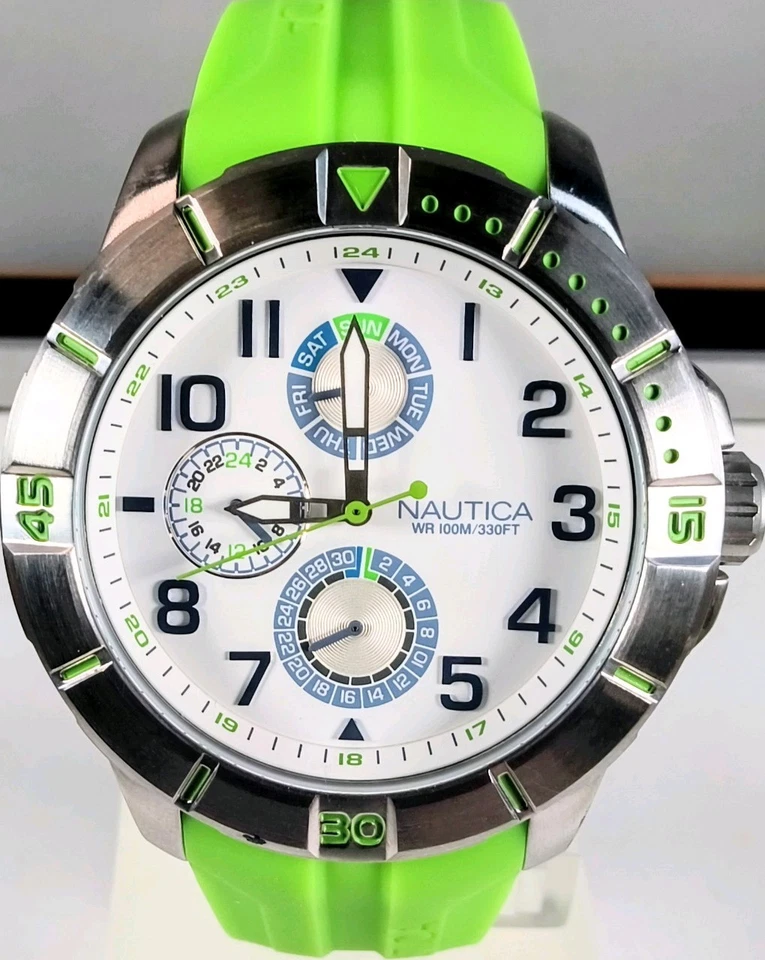 Nautica 47 MM  Men's Green Dive Watch with Subdials and Date Display NOS - Image 1 of 4